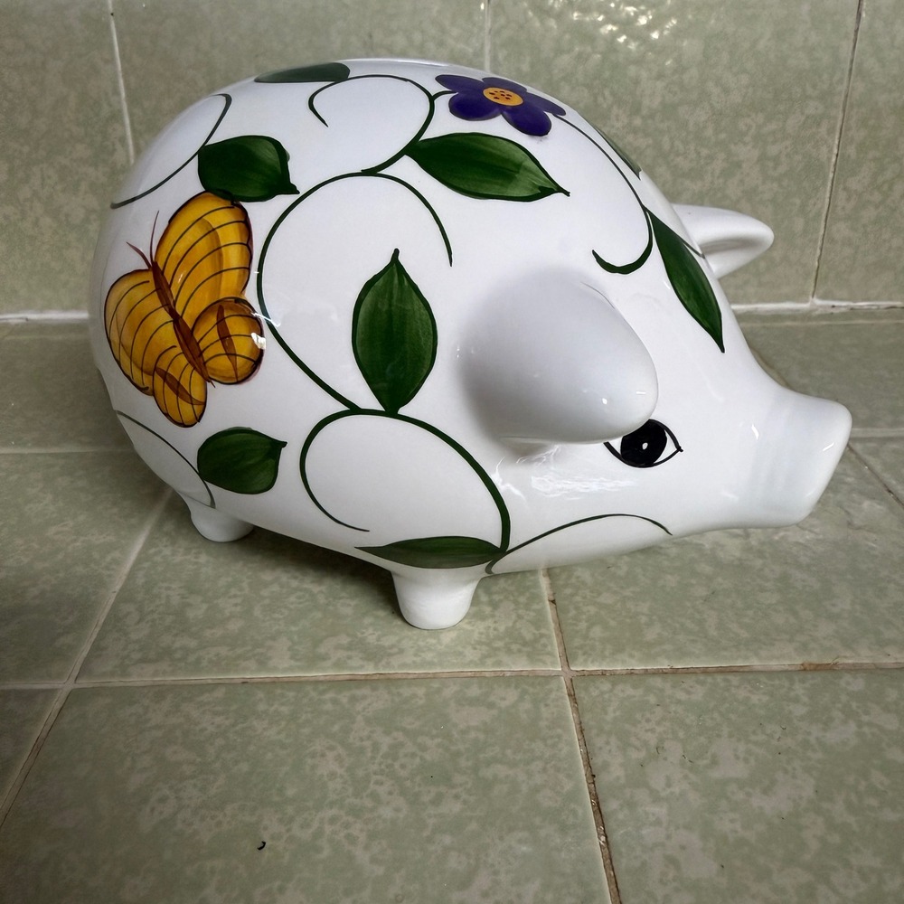 Classic Treasures Ceramic Piggy Bank Floral Butterfly Ladybug‎ Garden White NIB